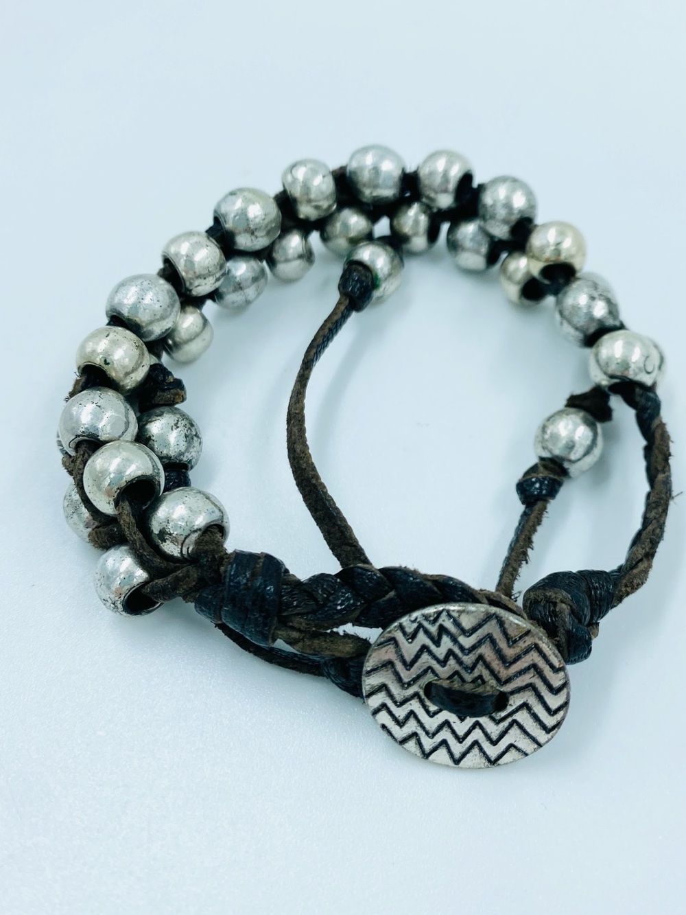Braided Leather & Silver Bead Adjustable Bracelet